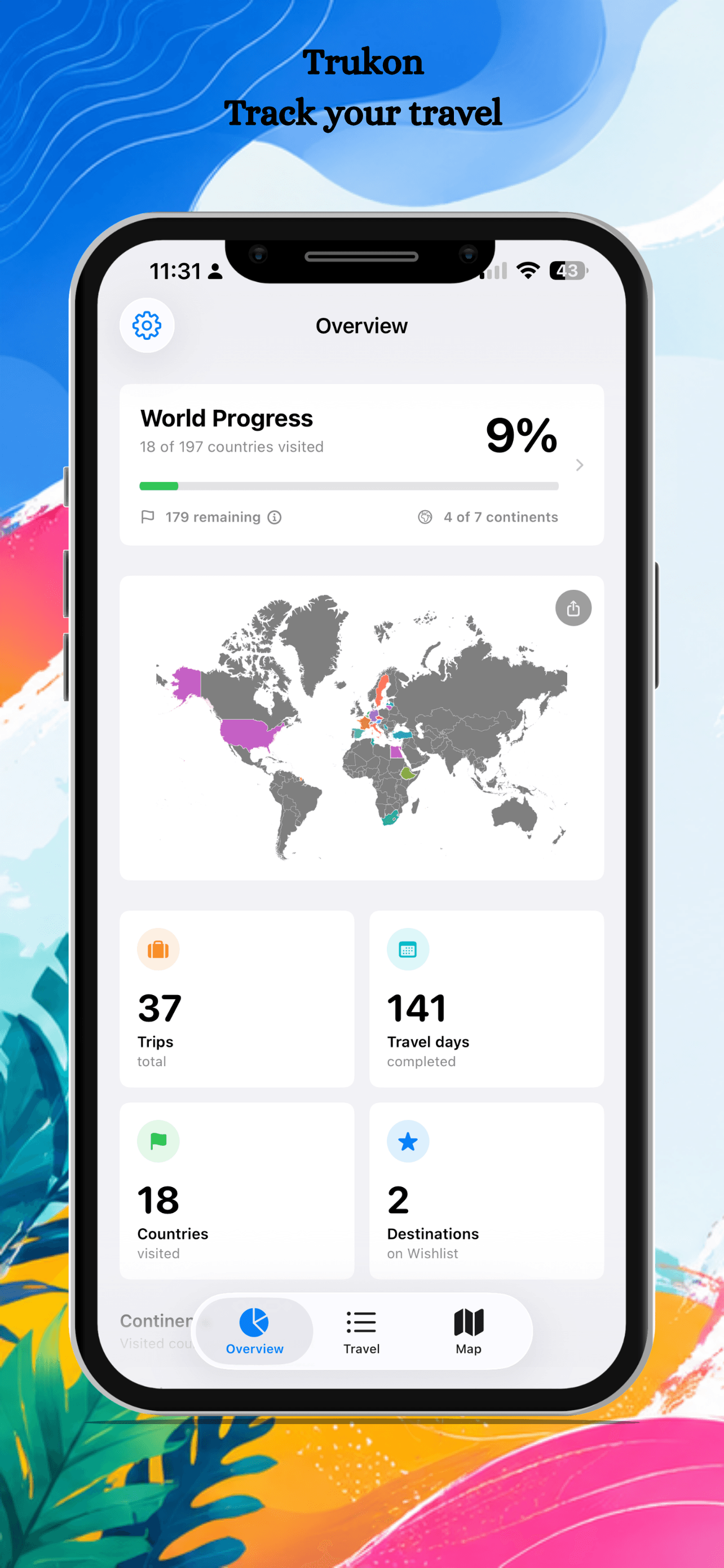 Trukon overview showing travel progress, a world map and trip statistics
